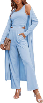 Women's 3 Piece Lounge Set Pajama Long Sleeve Cardigan Sleeveless Top Pants Sweatsuit