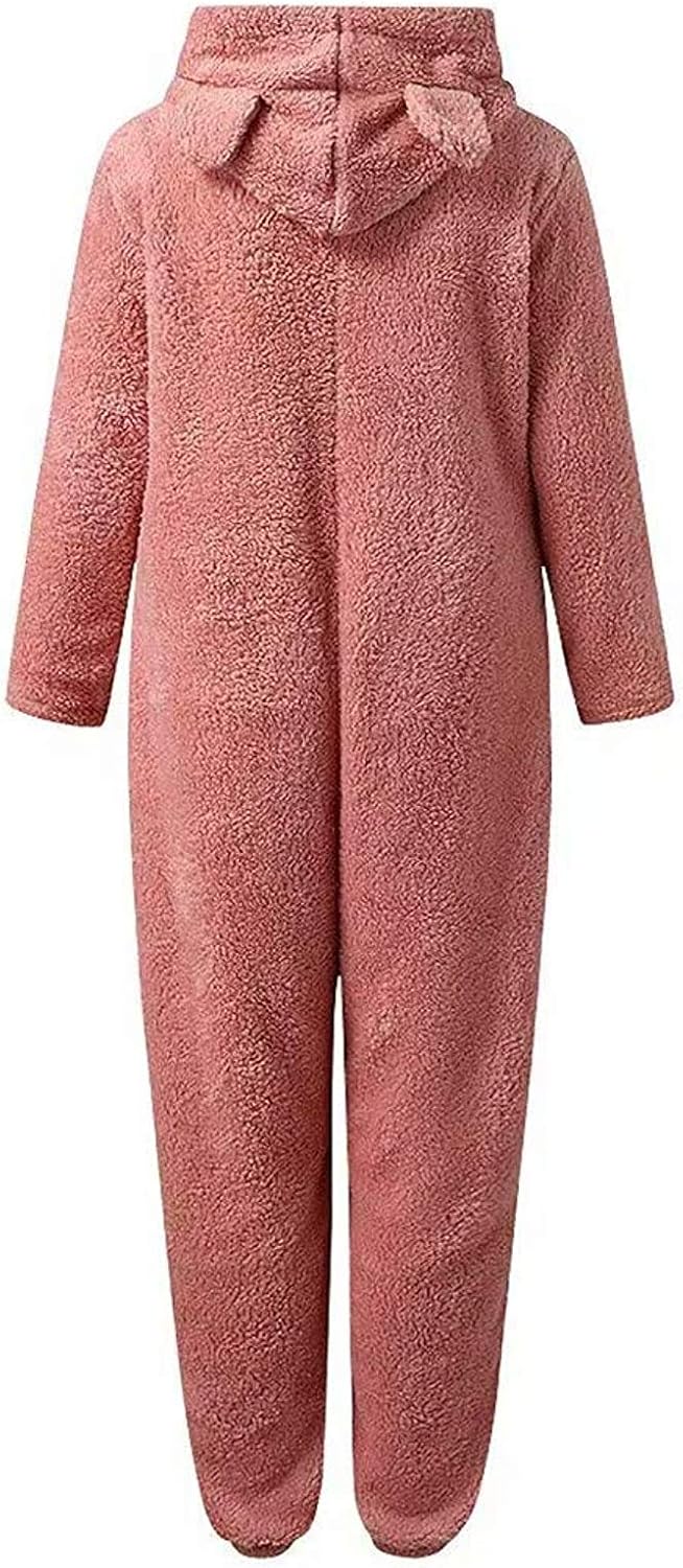 Womens Fleece Onesies Pajamas Jumpsuit Warm Sherpa Romper Sleepwear One Piece Zipper Hooded Playsuit Loungewear