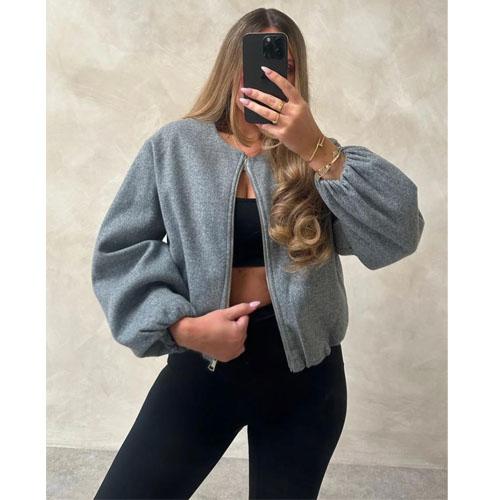 Women's Bomber Jacket Ladies Long Balloon Puff Sleeve Zipper Jacket Top Long Sleeve Cropped