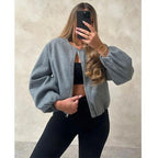 Women's Bomber Jacket Ladies Long Balloon Puff Sleeve Zipper Jacket Top Long Sleeve Cropped