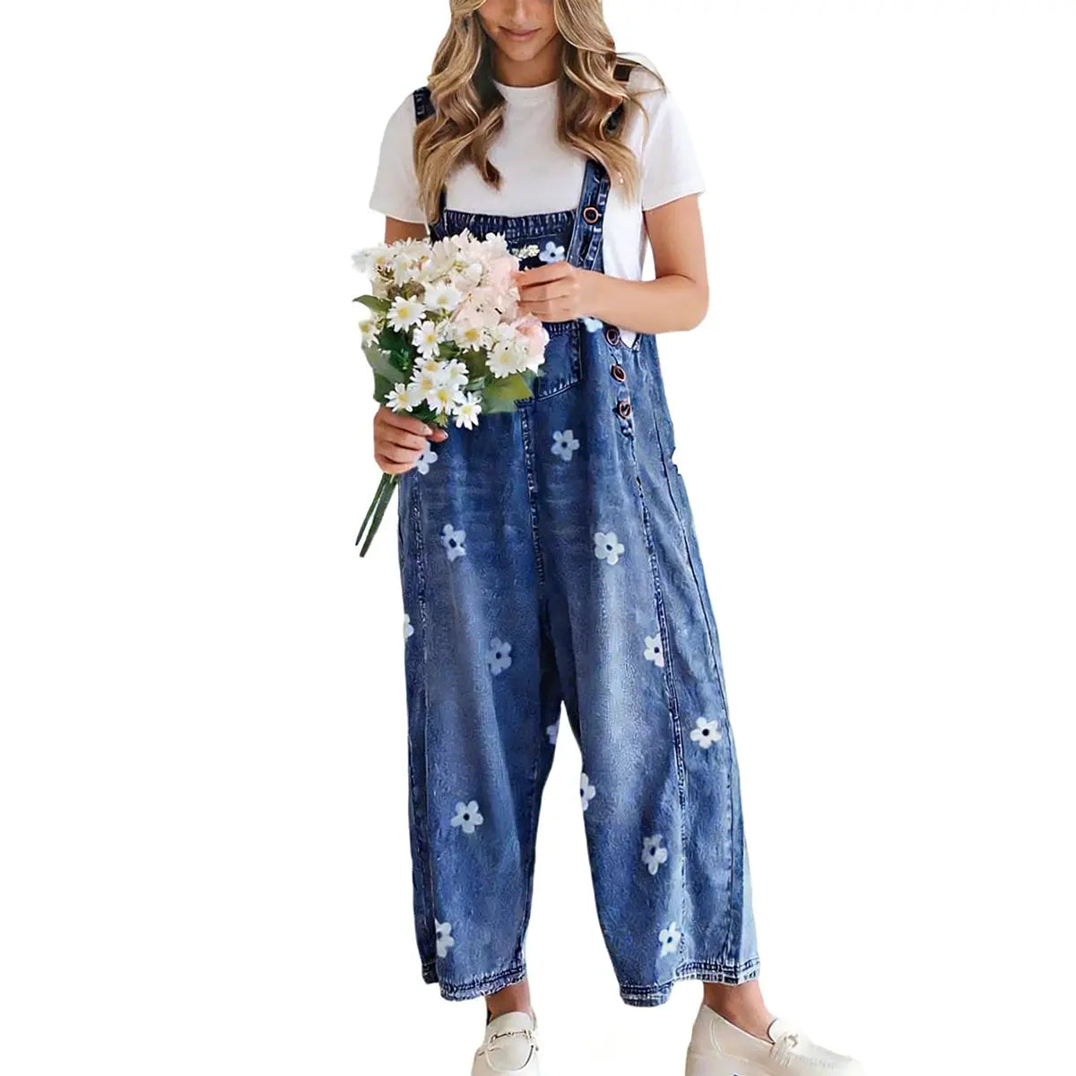 Women's Bib Overalls, Cute Floral Print Denim Jumpsuit with Baggy Wide Leg and Adjustable Straps