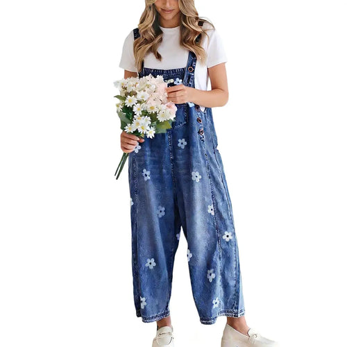 Women's Bib Overalls, Cute Floral Print Denim Jumpsuit with Baggy Wide Leg and Adjustable Straps
