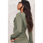 Sea green zip-up slim-fit sportswear set, two-piece set including top and trousers.