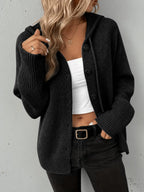 Women's Knitted Hooded Button Front Cardigan With Pocket