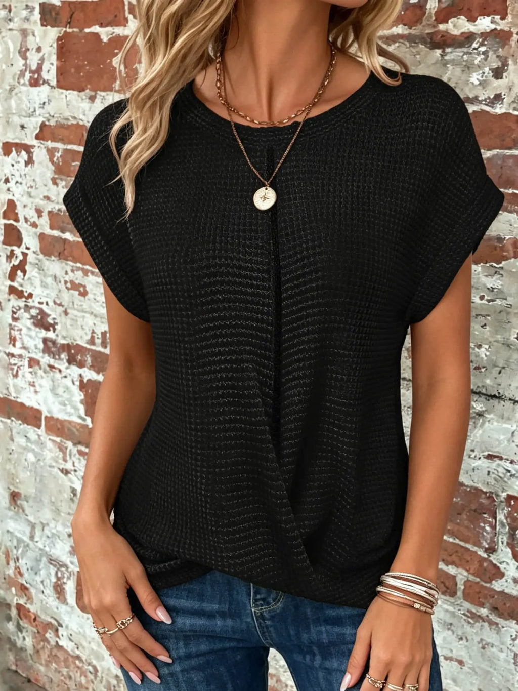 Women's fashionable casual loose round neck short sleeved top