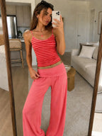 Women's Striped Sleeveless Cami Top and Wide Leg Pants Set