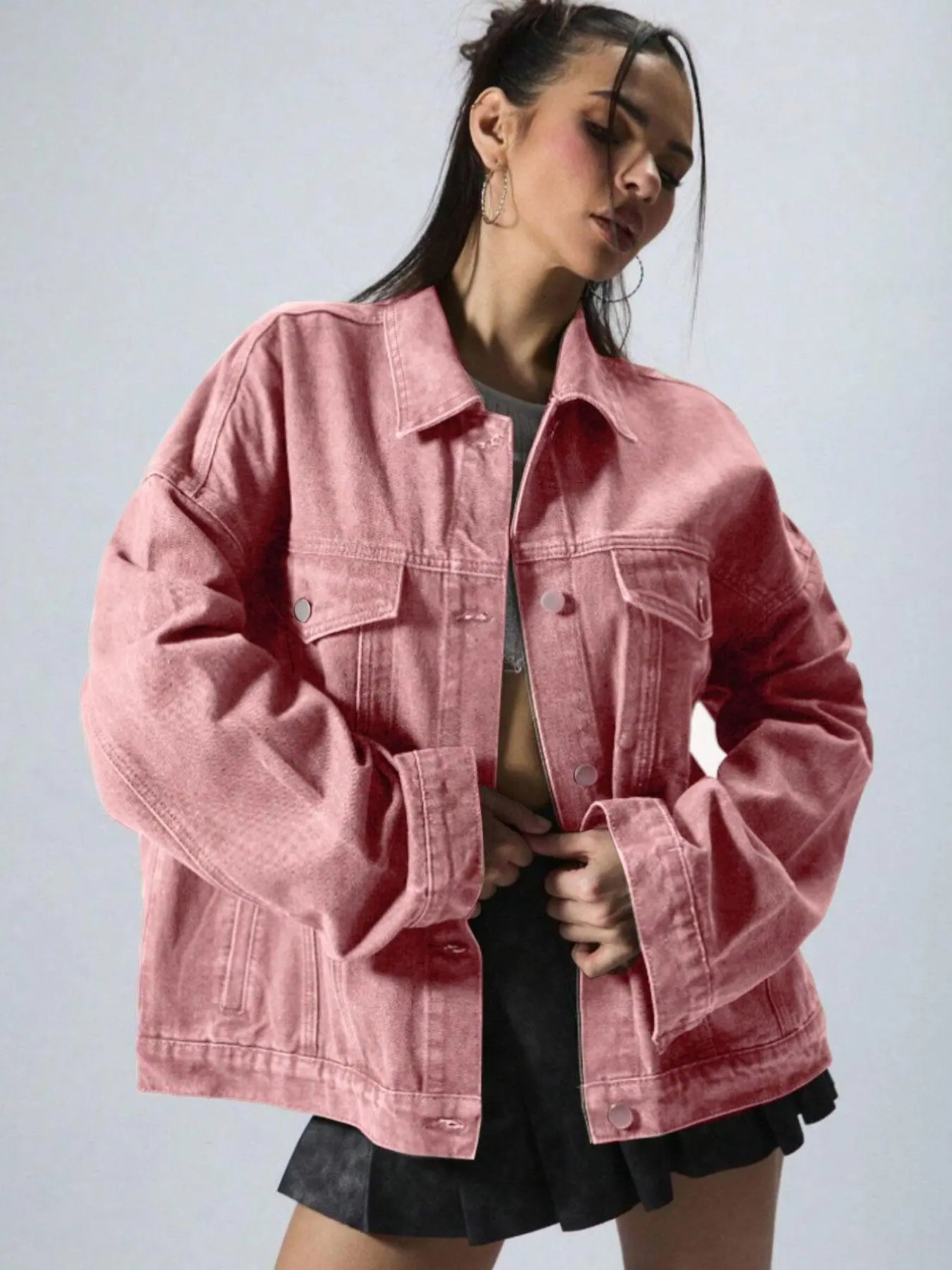 Women's Plain Basic Button-Front Drop-Shoulder Fitted Denim Jacket Coats