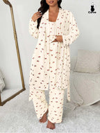 Plus Size Cherry Print Women's Sweet Comfortable Belted Robe & Sleeveless Long Pants & Cami Set