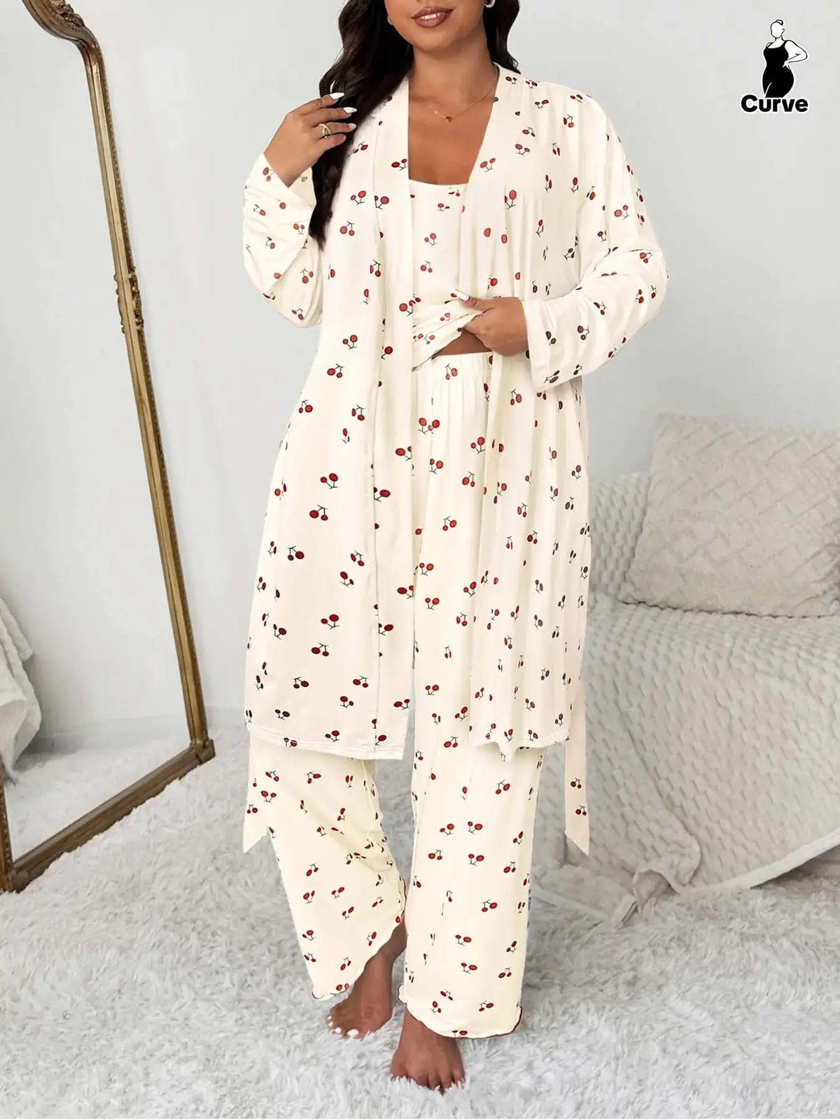 Plus Size Cherry Print Women's Sweet Comfortable Belted Robe & Sleeveless Long Pants & Cami Set