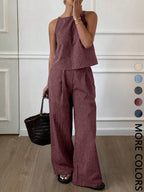 Two-Piece Women's Casual Summer Striped Lightweight Spaghetti Strap Sleeveless Top & Loose Long Pants Outfit Set, Comfortable Stylish Set