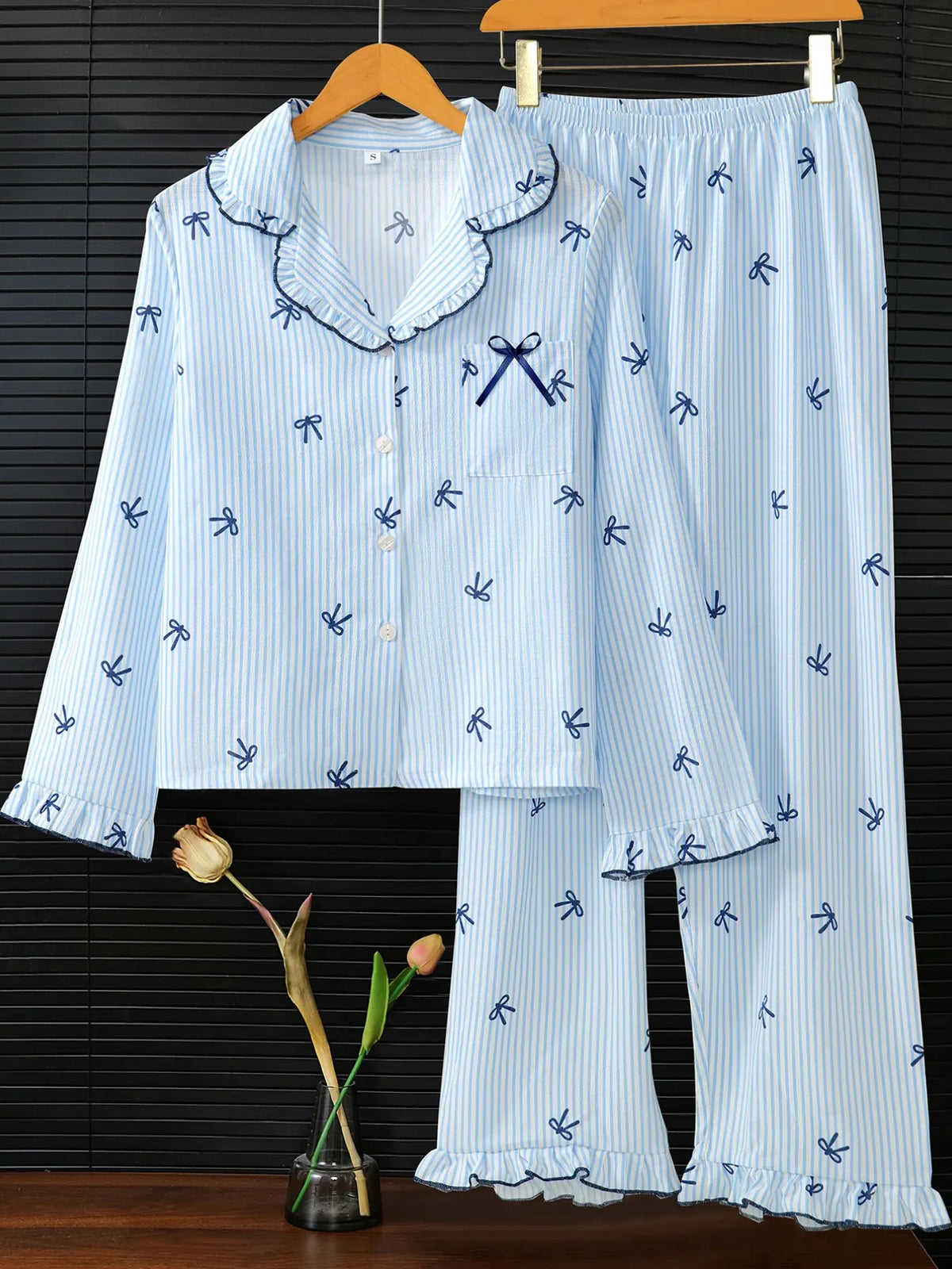 Women's Sleepwear Set Pajamas Breathable Striped Bow Design