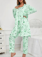 Three-Piece Set Women's Floral Butterfly Print Belted Long Sleeve Lounge Robe & Lettuce Trim Cami Top & Pants Pyjama Set