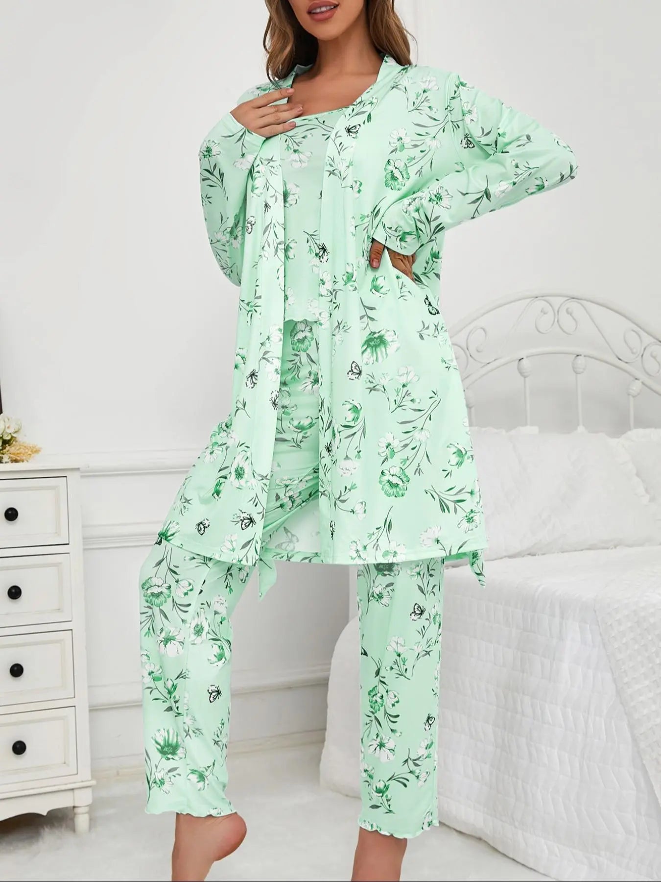 Three-Piece Set Women's Floral Butterfly Print Belted Long Sleeve Lounge Robe & Lettuce Trim Cami Top & Pants Pyjama Set