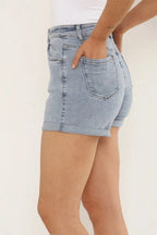 Women's stretch high-waisted rolled-up denim shorts