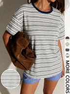Women's Classic Casual Striped Long Sleeve Spring Fall Round Neck Fitted Top