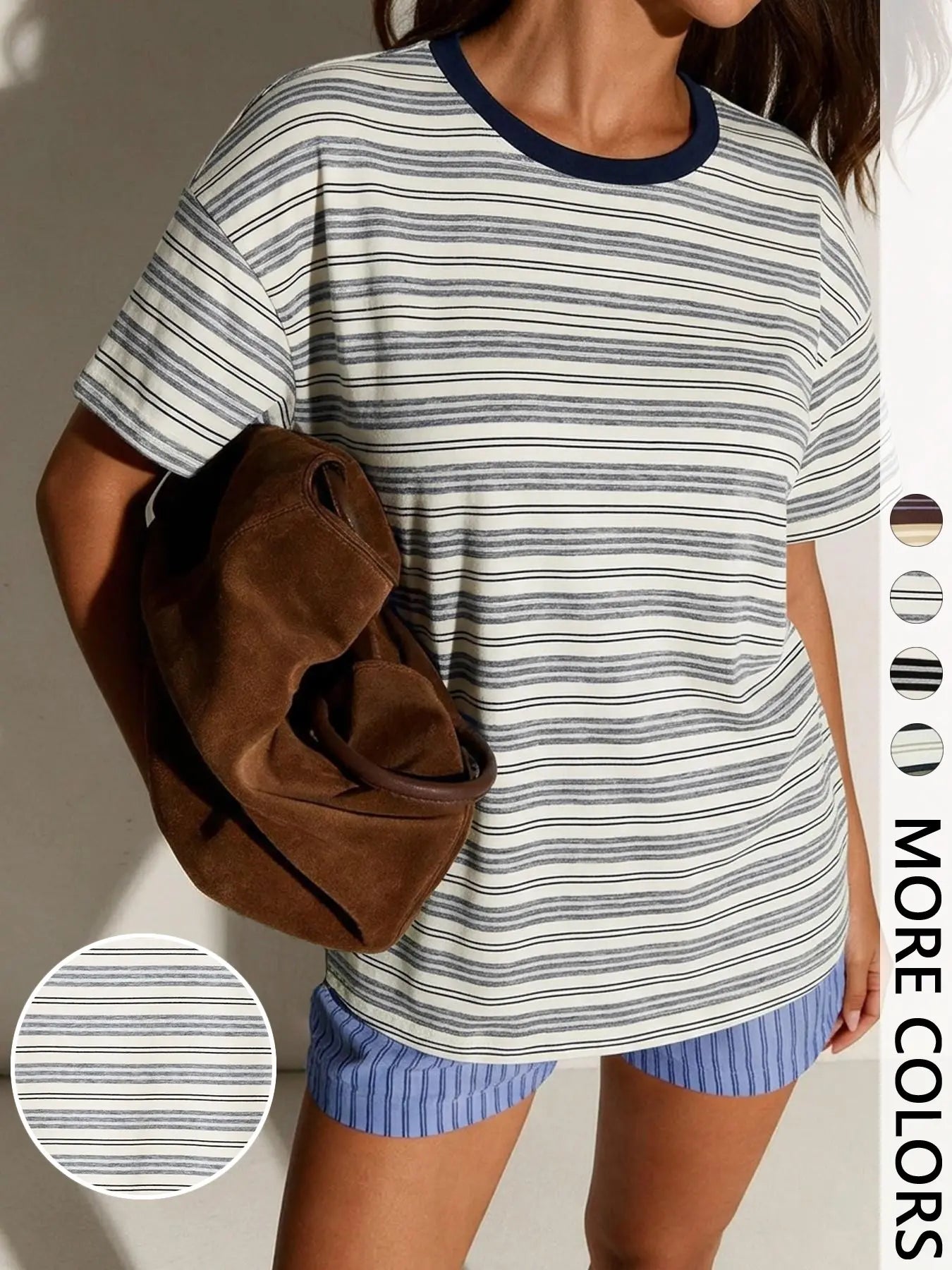 Women's Classic Casual Striped Long Sleeve Spring Fall Round Neck Fitted Top