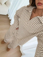 Women's 2pcs Set Loose Striped V-Neck Drop Shoulder Long Sleeve T-Shirt &Elastic Waist Striped Pants