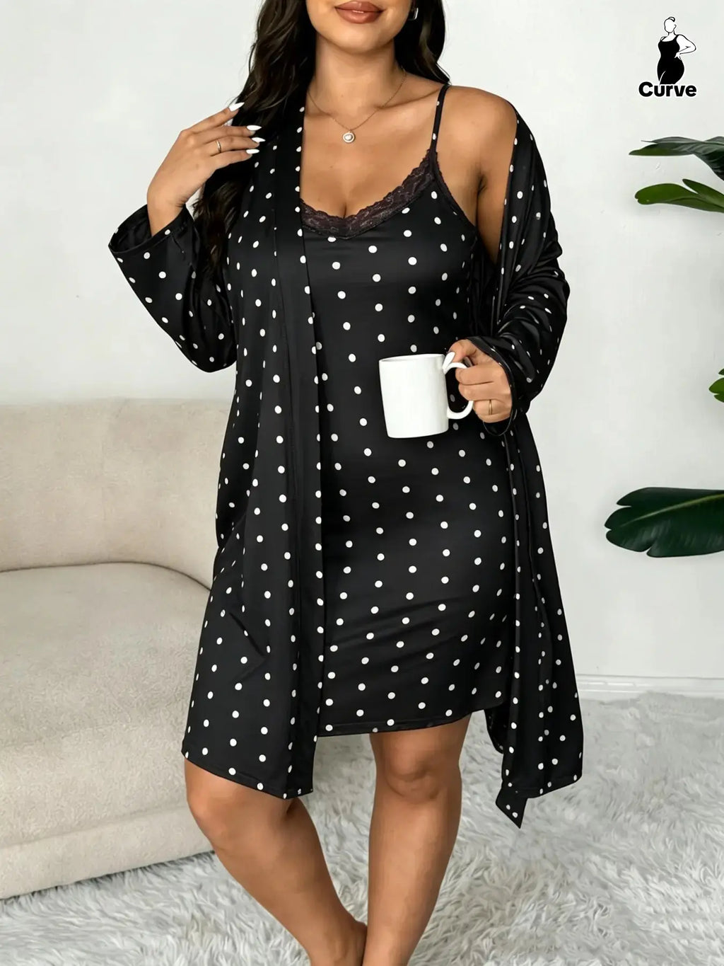 Plus Size Women's Nightwear Set, Floral Print Lace Nightdress + Long Robe
