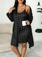 Plus Size Women's Nightwear Set, Floral Print Lace Nightdress + Long Robe