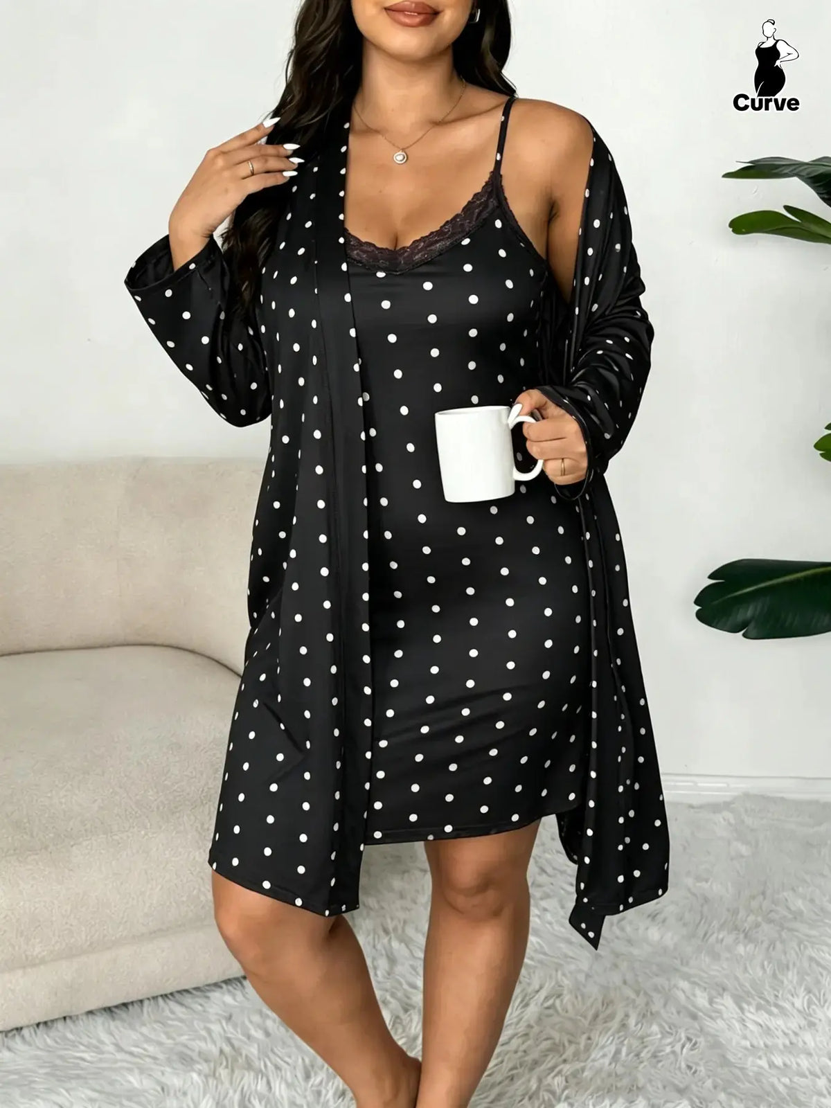 Plus Size Women's Nightwear Set, Floral Print Lace Nightdress + Long Robe
