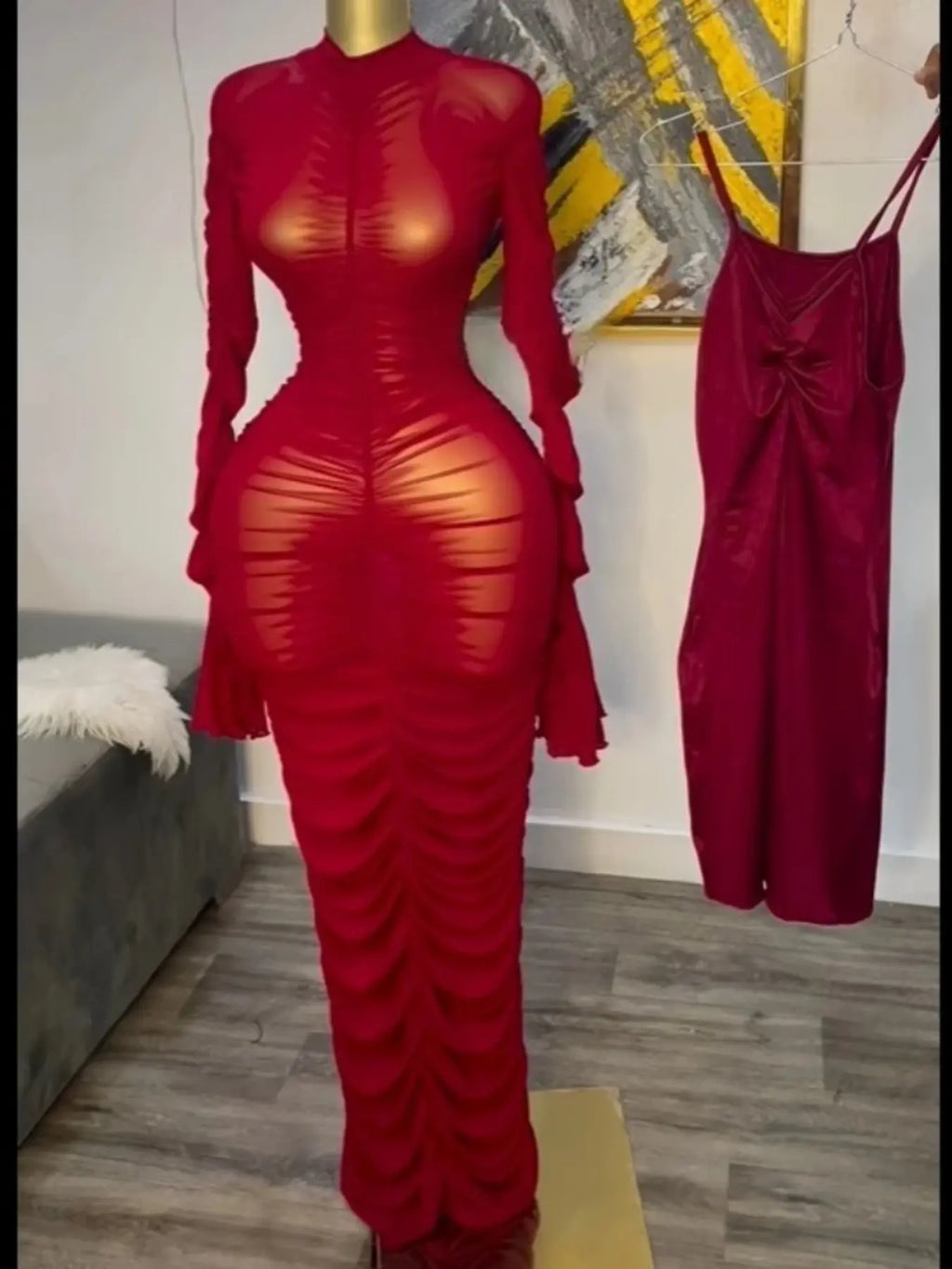 Women's Long Mesh Overlay Bodycon Dress & Sexy Sheer Backless Sleeveless Party Gown