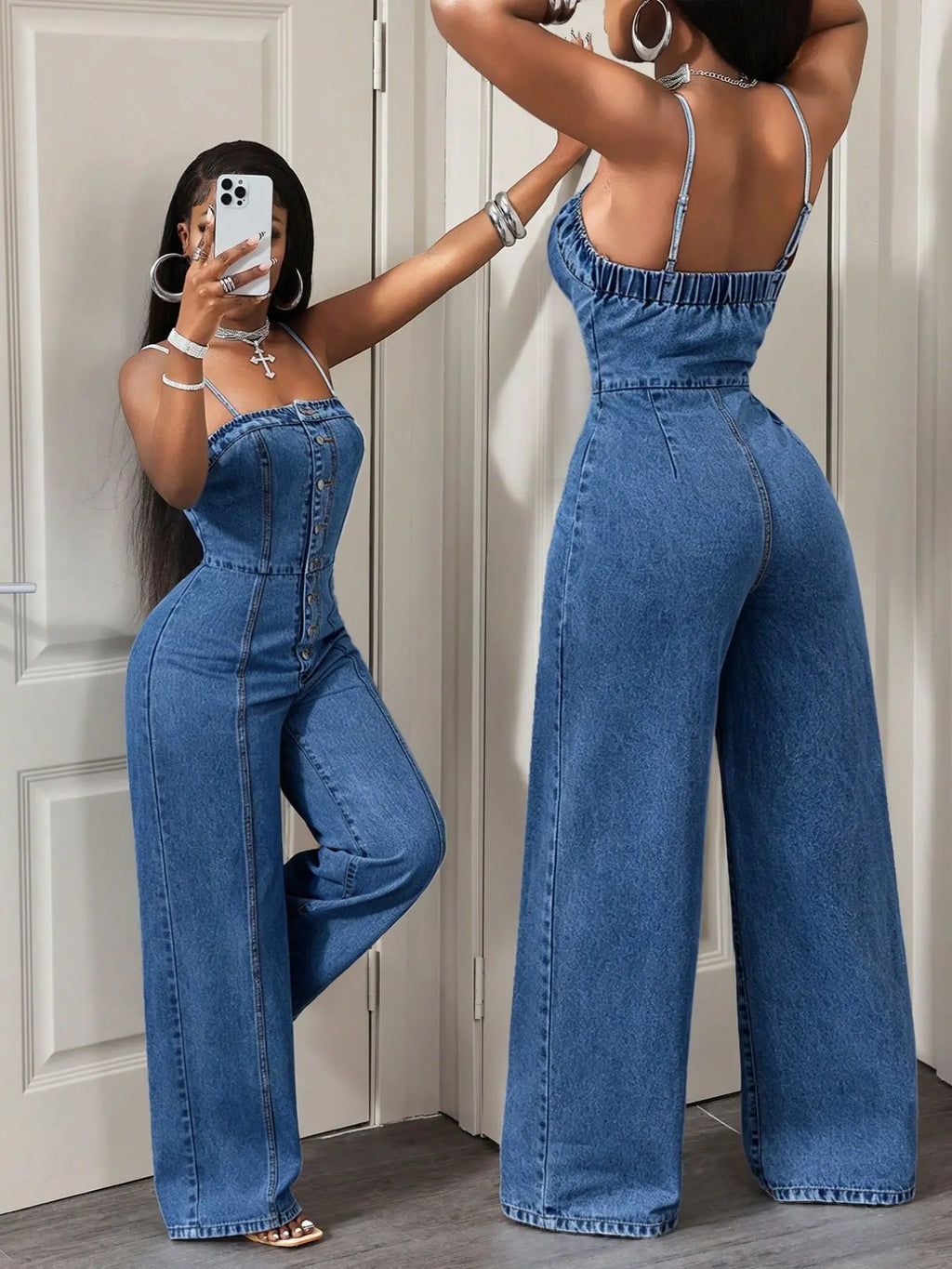 Women's Casual Denim Halter Backless Wide Leg Pants
