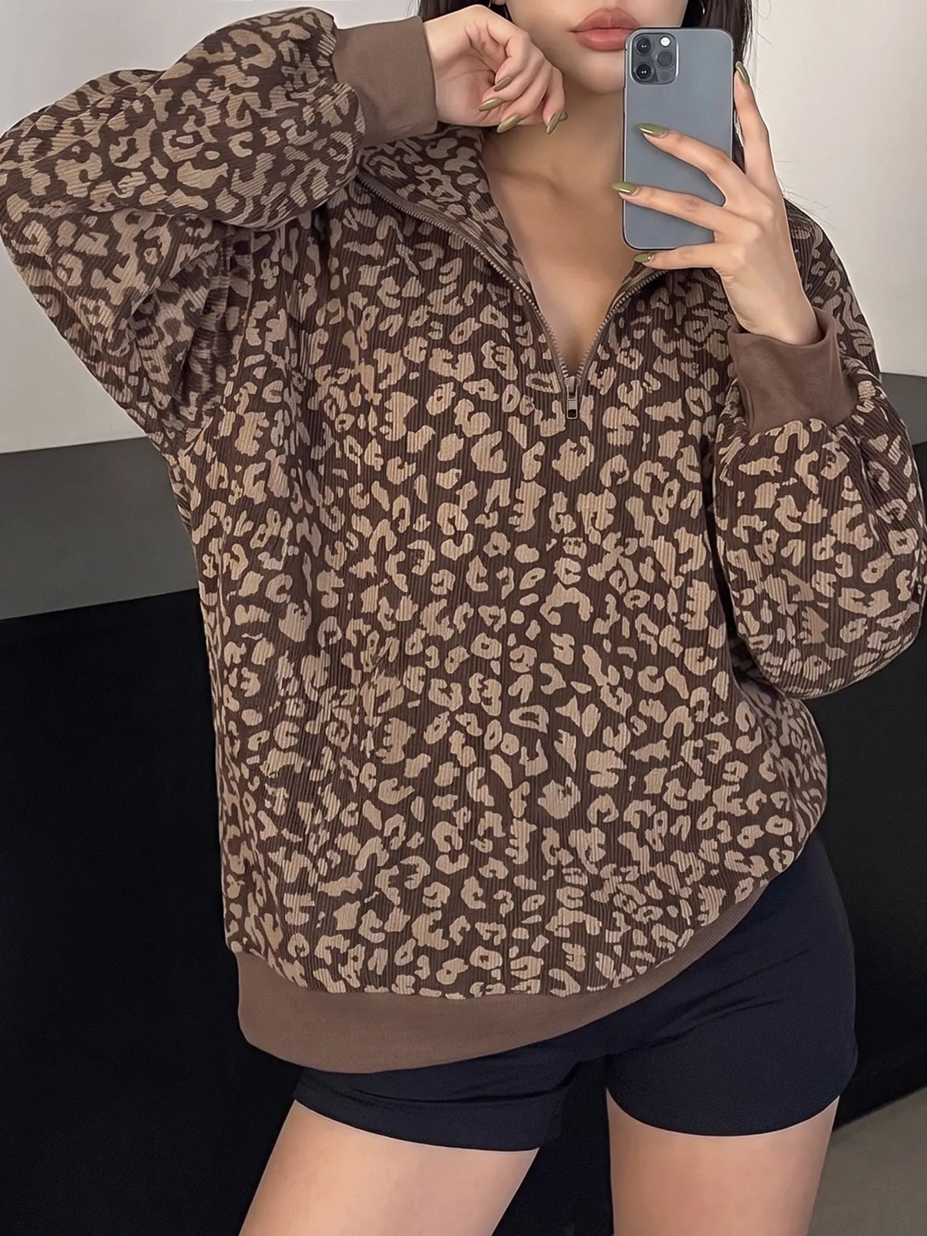 Women Casual Zip Up Front Long Sleeve Leopard Print Sweatshirt,Fall Clothes