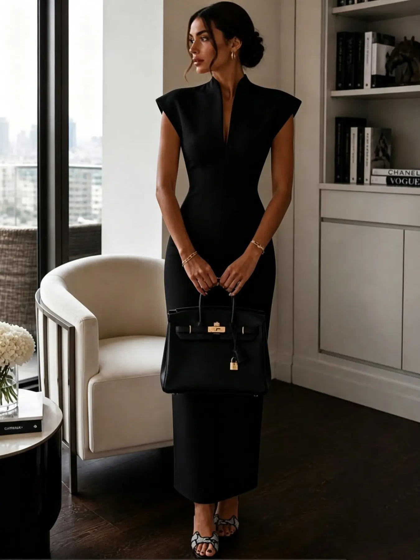 New Stand Collar V Neck Sleeveless High Waist Bodycon Dress