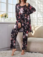 Women's All Over Floral Print Pajama Set, Long Sleeve Open Front Outwear & Pants & Cami Top