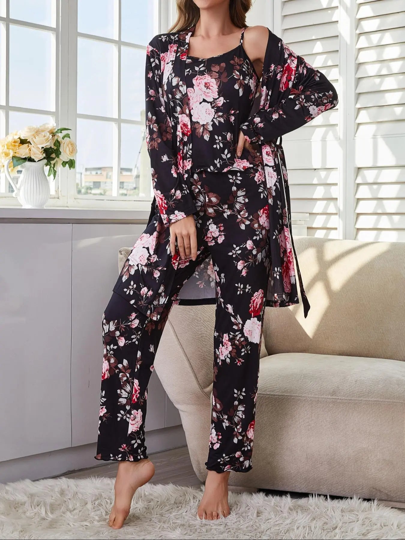 Women's All Over Floral Print Pajama Set, Long Sleeve Open Front Outwear & Pants & Cami Top