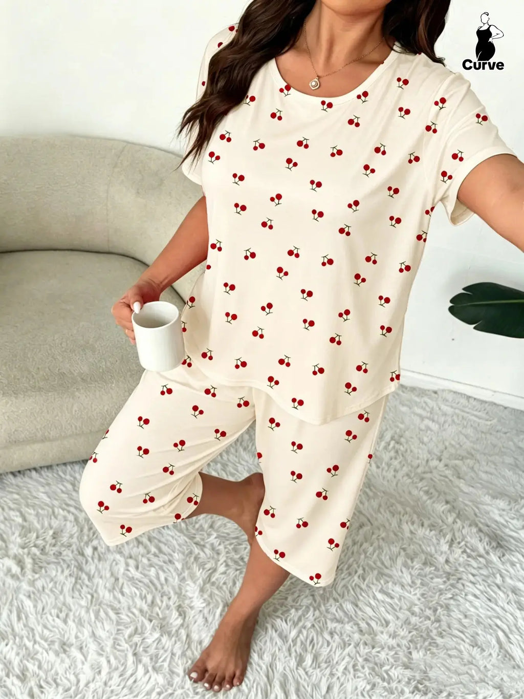 Plus-Size Women's Cherry Print Round Neck Short Sleeve Top and Capri Pants Set