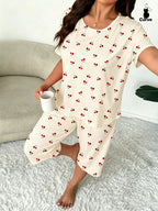 Plus-Size Women's Cherry Print Round Neck Short Sleeve Top and Capri Pants Set