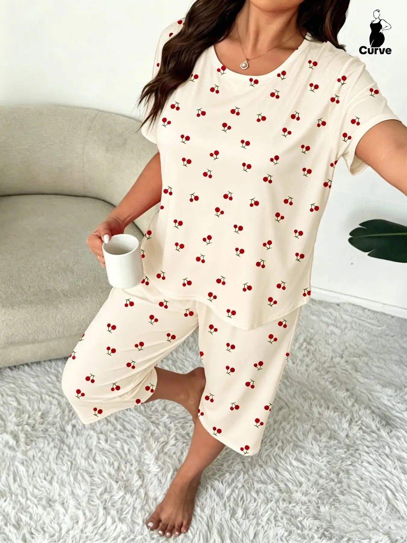 Plus-Size Women's Cherry Print Round Neck Short Sleeve Top and Capri Pants Set
