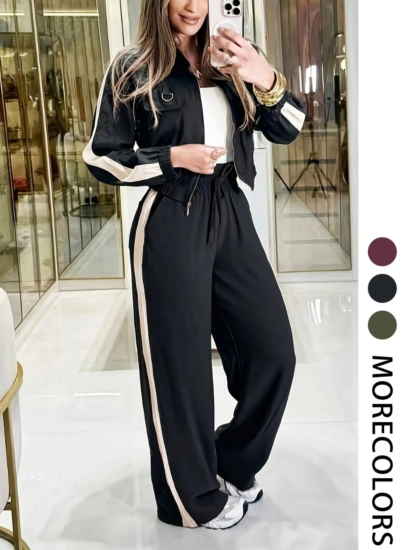 Women's Two-Piece Set, Summer Matching Sets, Short Zipper Jacket and High Waist Pants