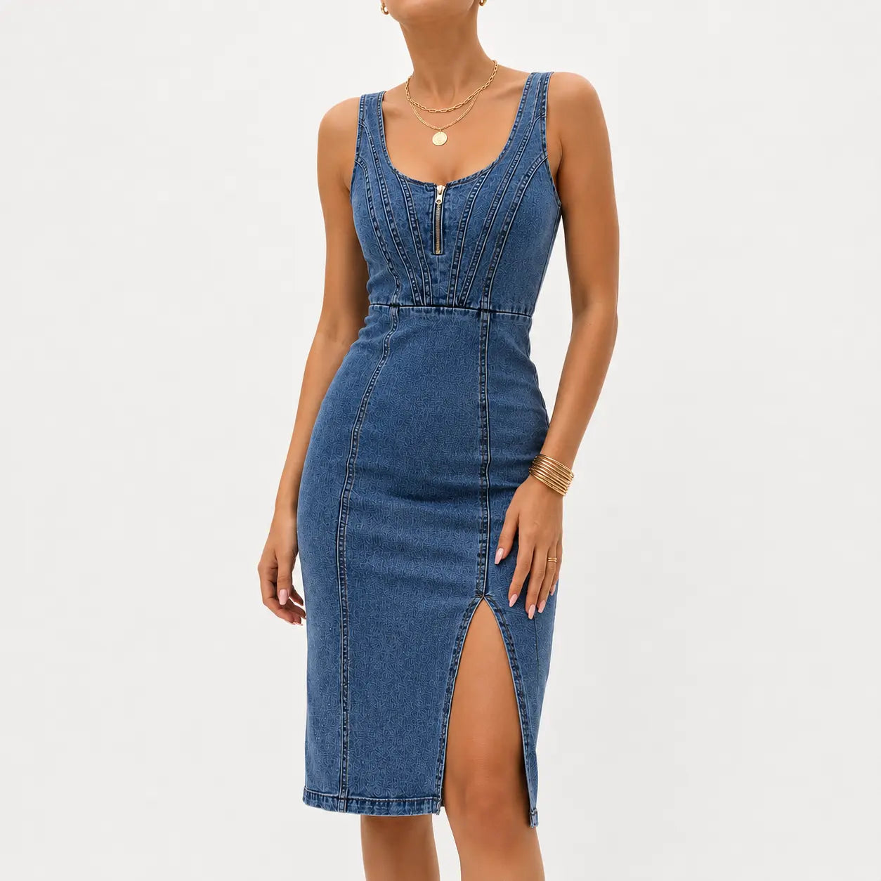 Women's Sleeveless Denim Bodycon Midi Dress