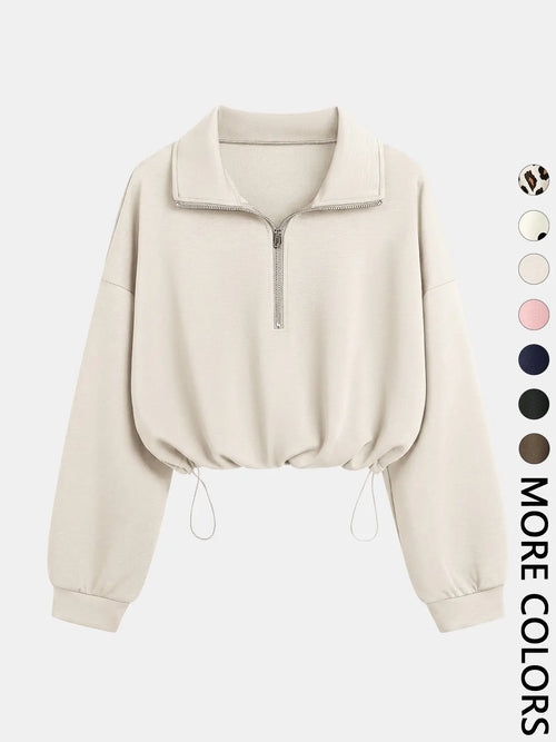 Women's Half-Zip Stand Collar Drawstring Adjustable Short Sweatshirt