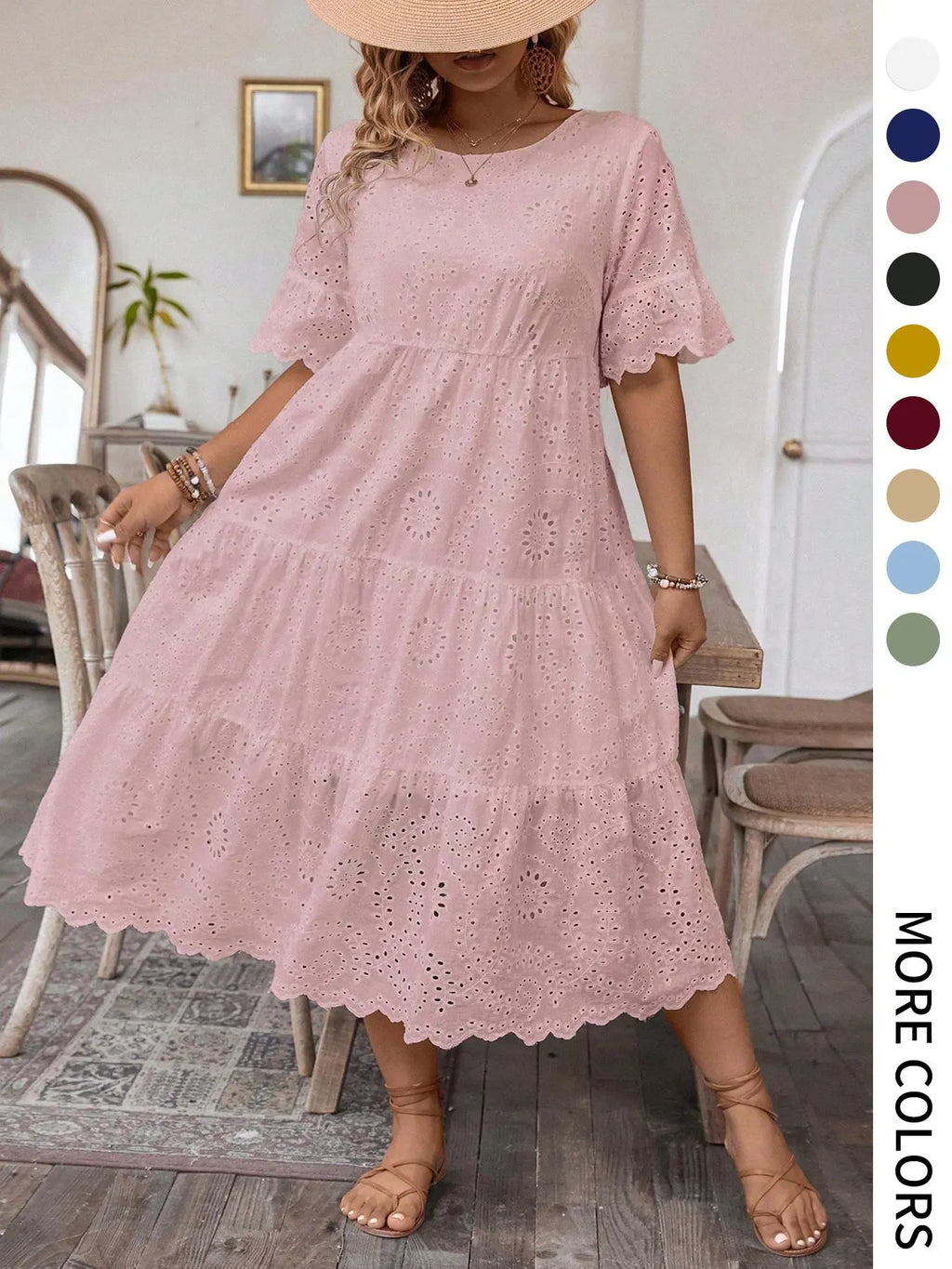 【Plus Size】 Solid Eyelet Embroidery Dress, Boho-Style Round-Neck Dress for Vacation and Everyday Wear – Women's Summer Clothing