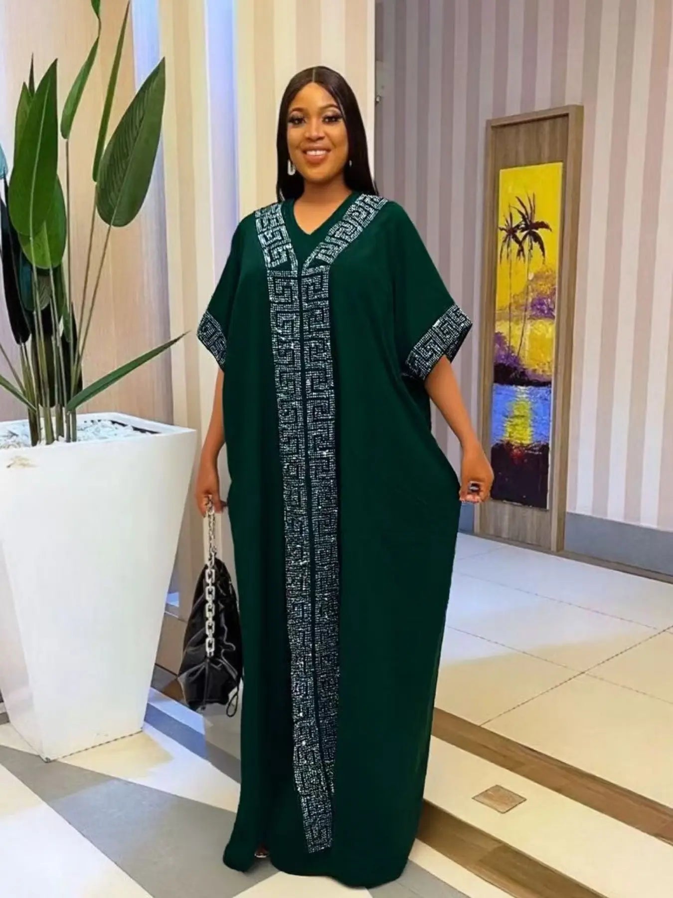 Women's Islamic Clothing Rhinestone Loose Boubou Kaftan Dress