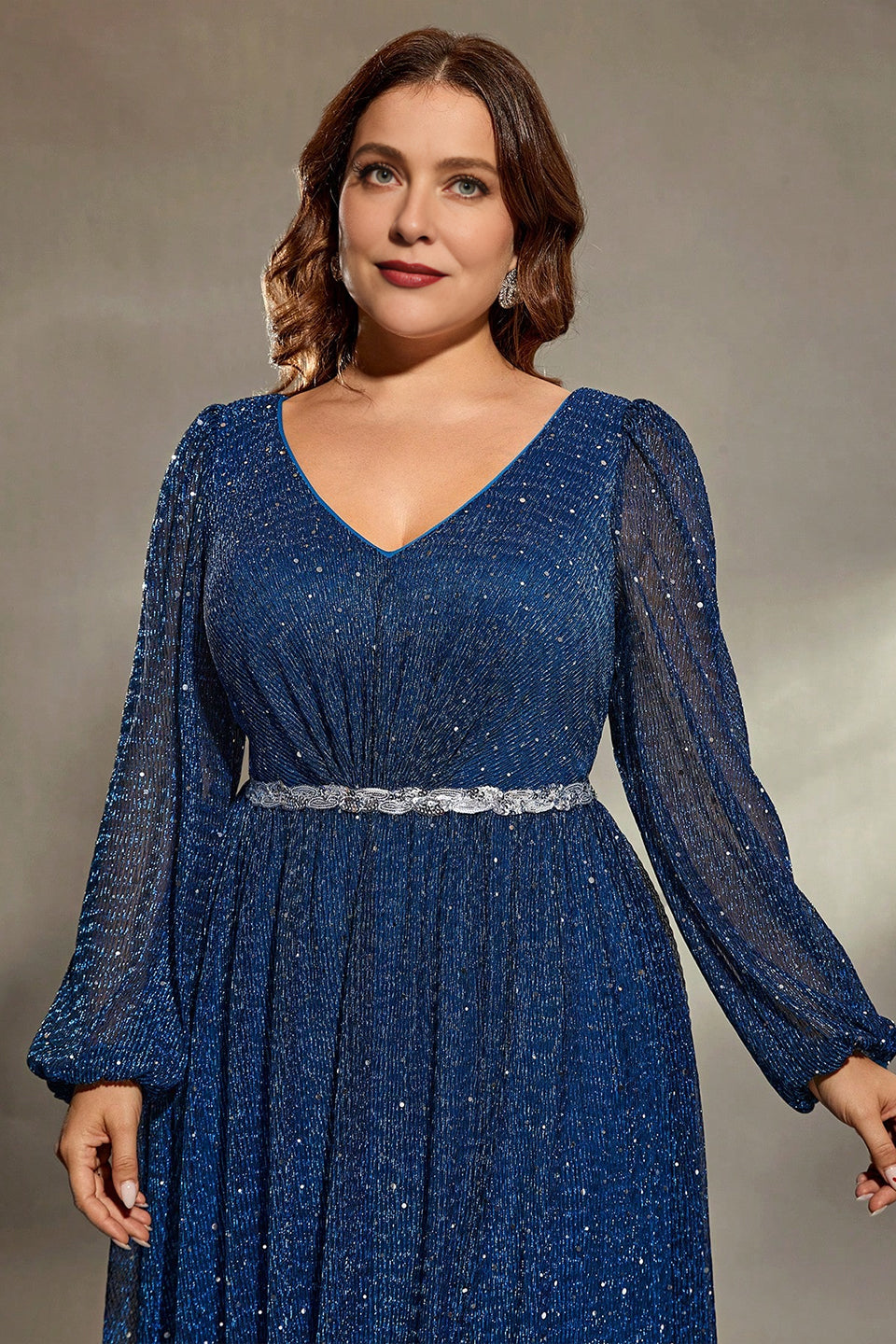 Curveins Plus Size V-Neck Long Sleeve Sequin Maxi Dress with Waist Tie and Side Slit