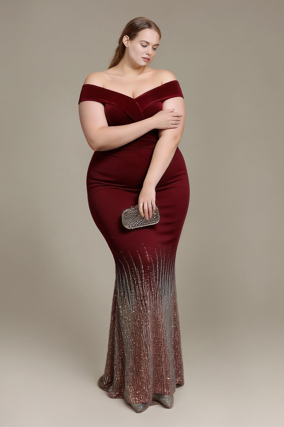 Curveins Plus Size Elegant Off-Shoulder Velvet Fishtail Long Dress
