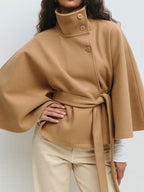 Women's Plain Front Buckle Belted Woolen Cape Coat, Casual Fall & Winter Outerwear, Stylish Daily Wear for Dating, Jackets