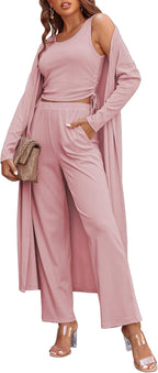 Women's 3 Piece Lounge Set Pajama Long Sleeve Cardigan Sleeveless Top Pants Sweatsuit