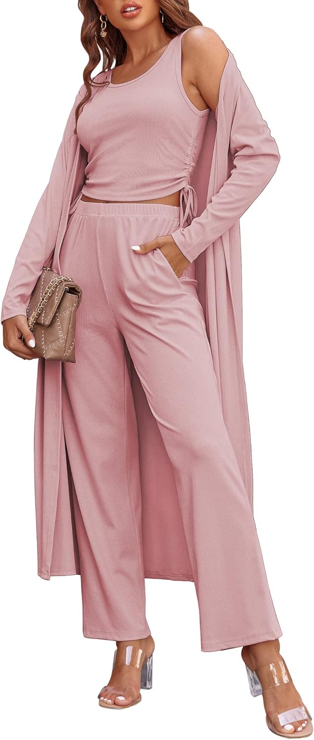 Women's 3 Piece Lounge Set Pajama Long Sleeve Cardigan Sleeveless Top Pants Sweatsuit