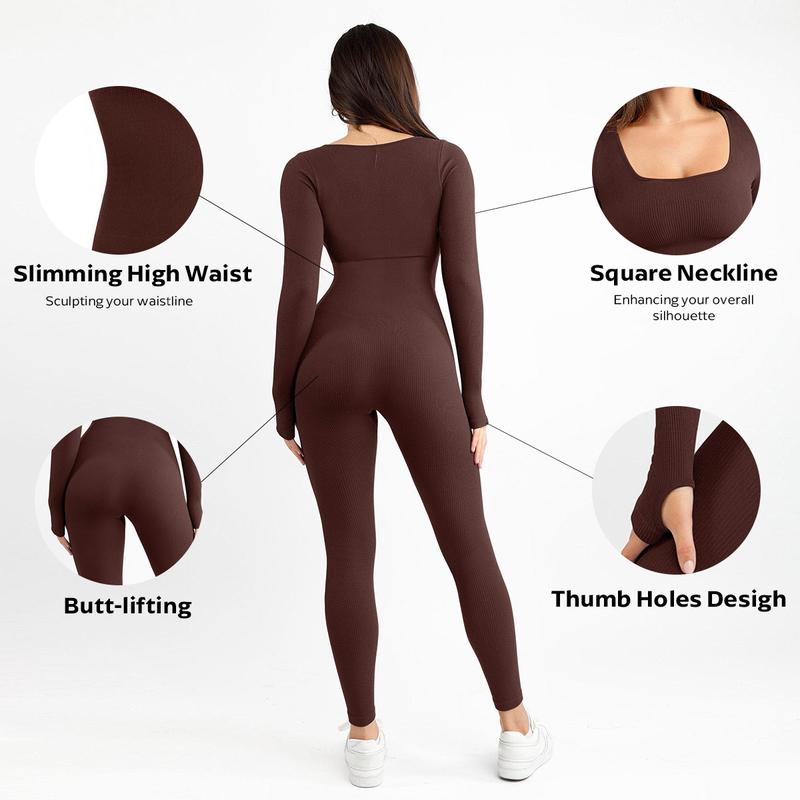 Womenswear Workout Solid Color U Neck Seamless Long Sleeve Yoga Jumpsuit,Jumpsuit for Daily Outdoor Wear,Plain Thumb Holes Sportswear