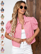 Women's Vintage Bubble Sleeve Light Wash Denim Jacket, Summer Lightweight Thin High Waist Crop Top, Casual Fashionable Fit Short Cropped Jean Coat for Women