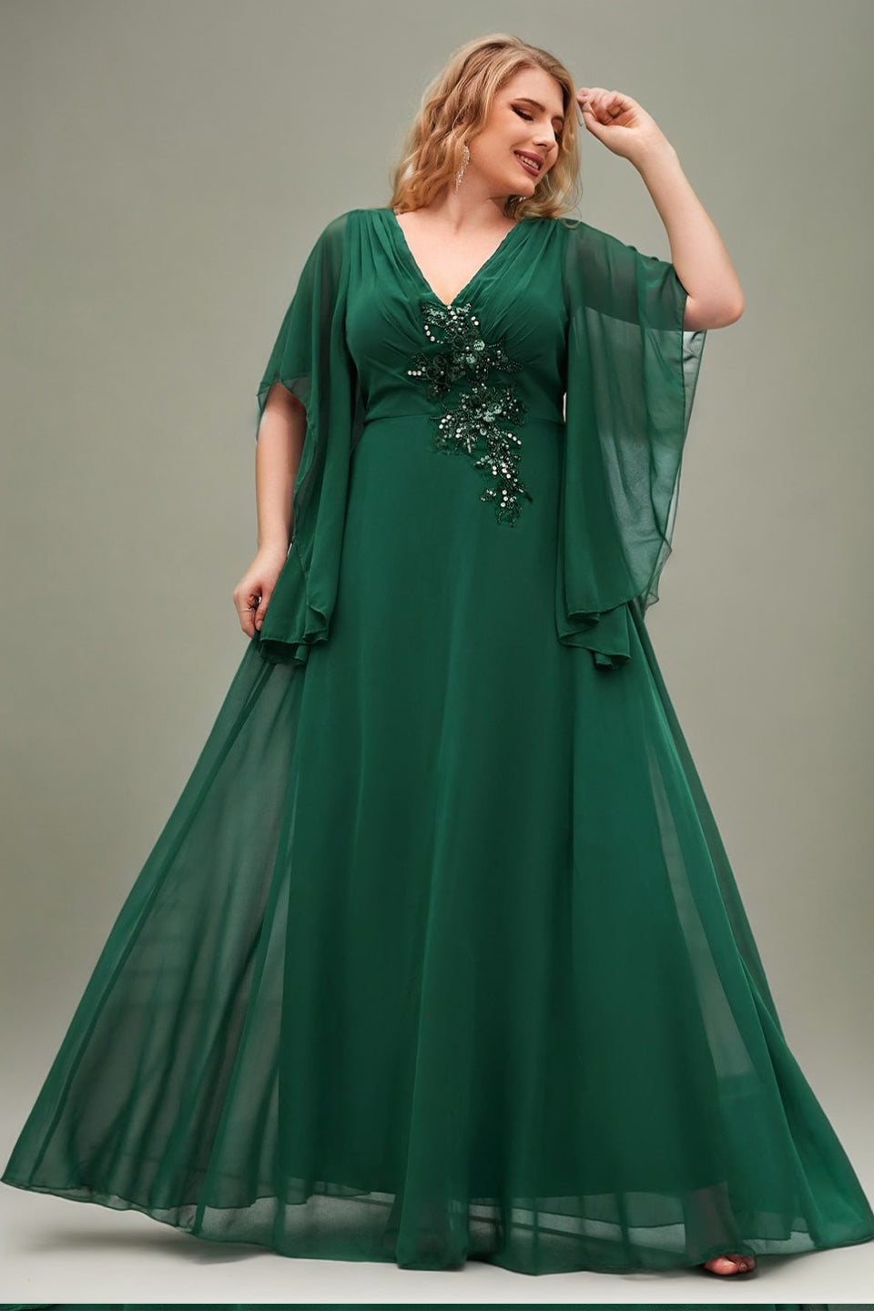 Curveins Plus Size V Neck Batwing Sleeve Chiffon Maxi Dress Elegant Flowing Fit