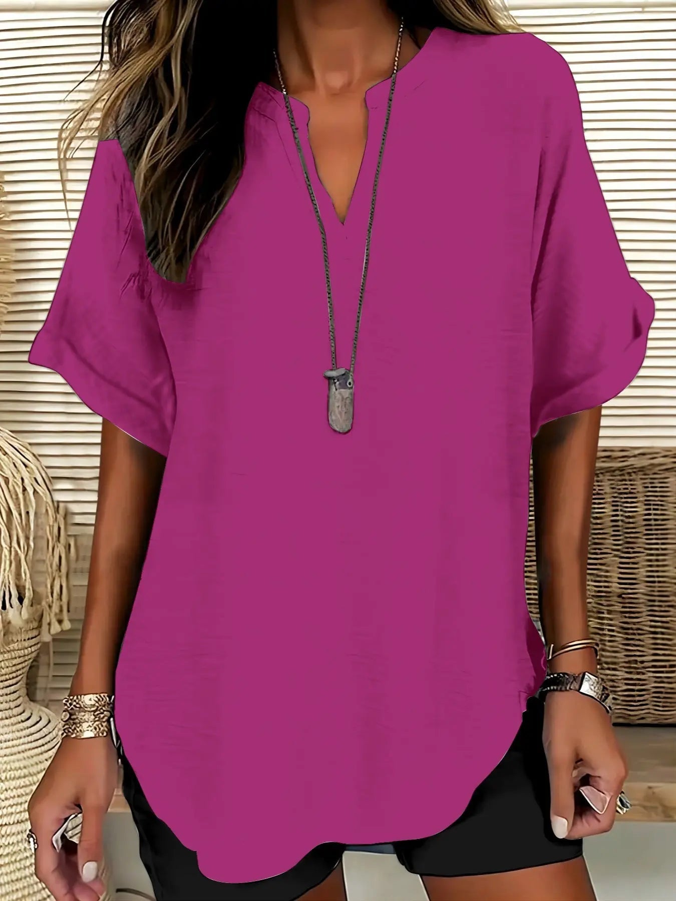 Women's Plain Short Sleeve Blouse, Shirts, Casual Solid Color Top for Daily Wear, Ladies Clothes for All Seasons