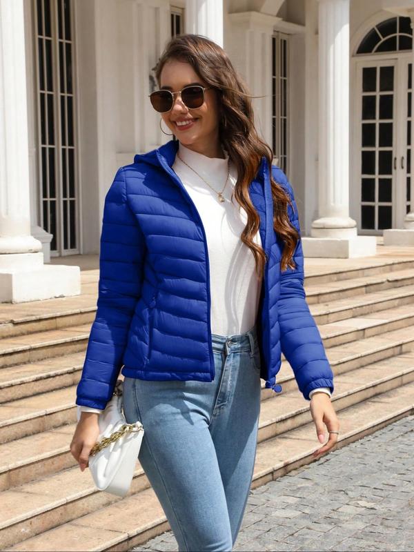 Women's Lightweight Puffer Jacket, Casual Fall & Winter Hooded Coat with Pockets, Warm Daily Commute Outerwear