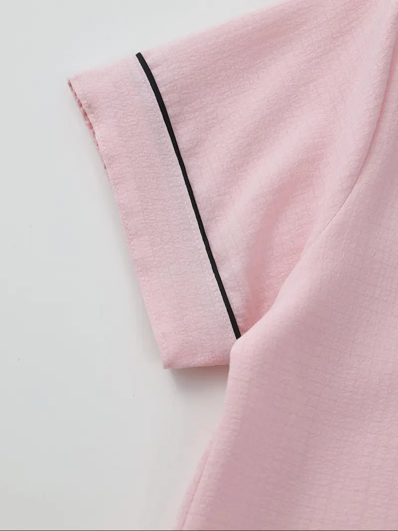 Women's Heart Embroidery Notch Collar Short-Sleeve Pocket Pajama Set, Casual Comfy Shirt & Shorts Sleepwear for All Seasons