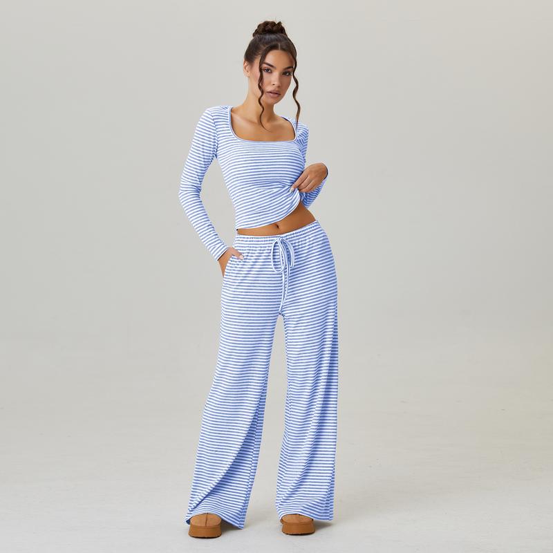 Women's Slouchy Square Neck Stripe Long Sleeve Crop Top & Low-Rise Wide Leg Trousers Co-ord, Minimalist Two Piece Outfits, Cozy Womenswear